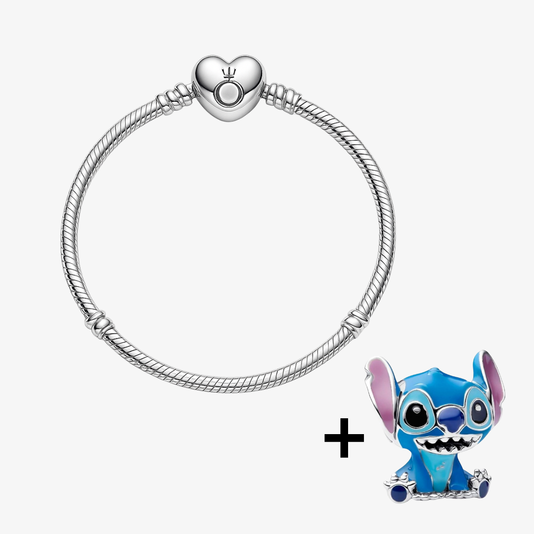 Pulsera Pandora Corazón de Moments + Charm Disney Stich Azul (Plata de primera ley)
